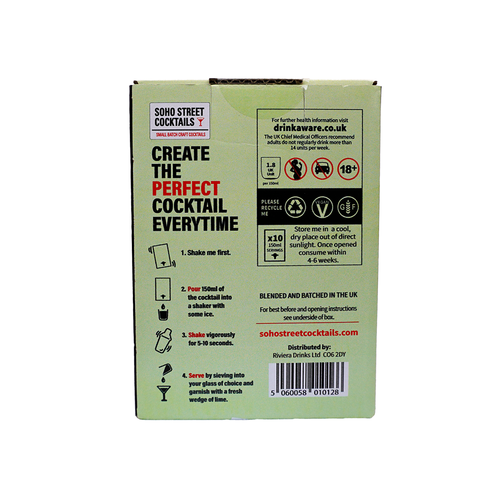 The back of a light green cardboard box for Soho Street Cocktails, featuring product instructions, warning labels, and a barcode on a white background.