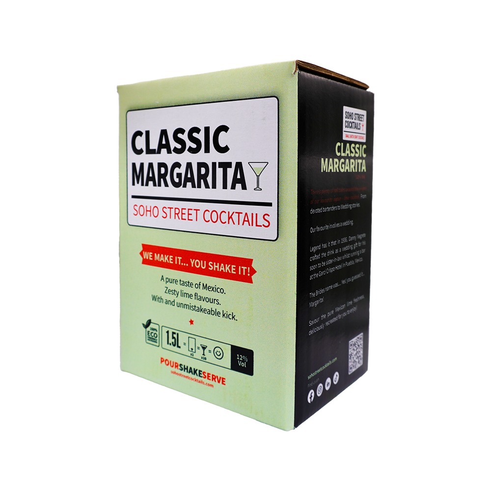 Boxed Margarita.  The packaging features a light sage green front panel with a white label, a red banner, and a black side panel.