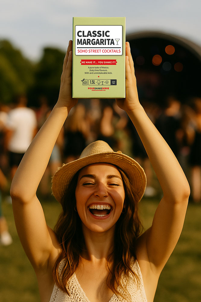 A woman in a straw hat holds up a light green box of classic ready made Margarita cocktail from Soho Street Cocktails at an outdoor festival, with a blurred crowd in the background.