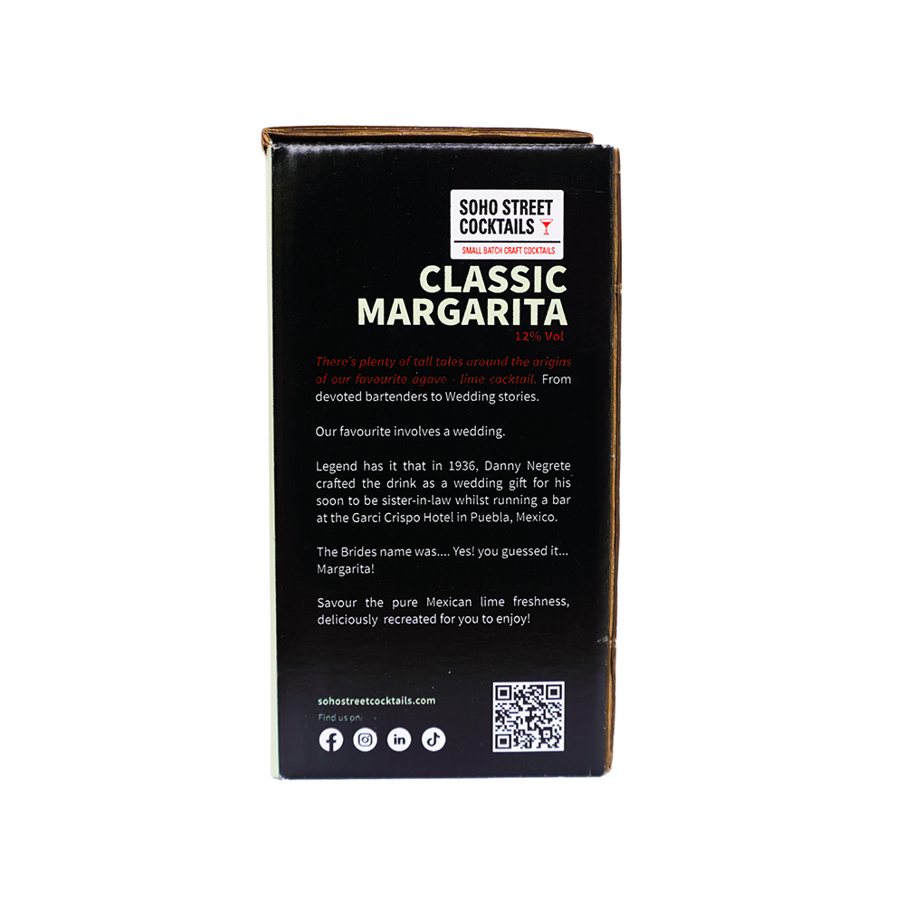 The back of a black cardboard box for Soho Street Cocktails Classic Margarita, featuring white and red text, social media icons, and a QR code on a white background.